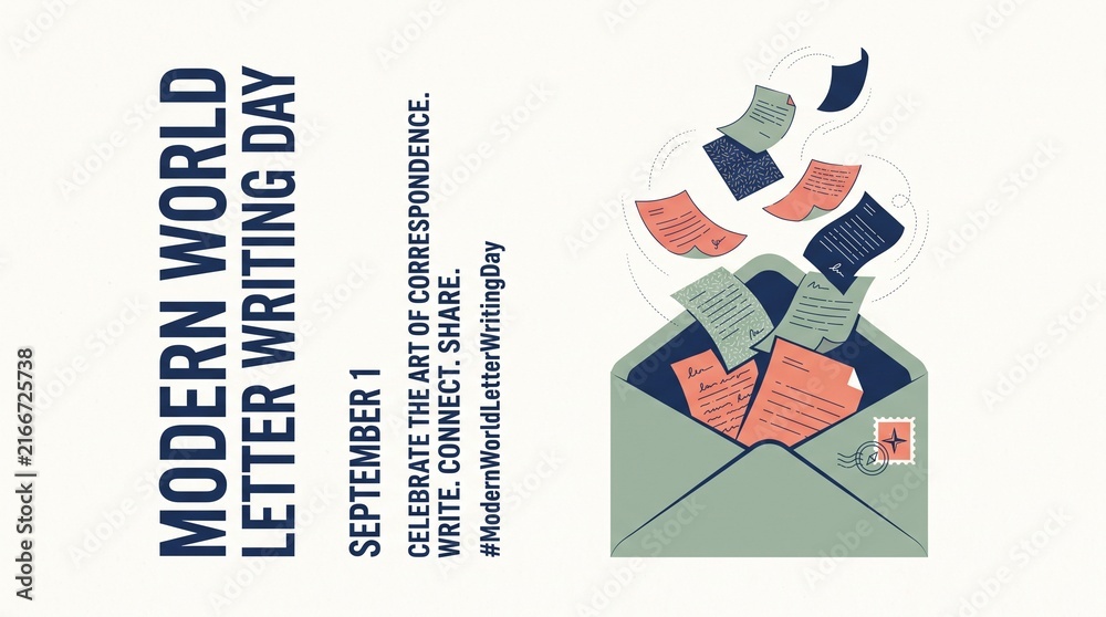 Obraz premium Modern World Letter Writing Day banner, flat illustration of open envelope with flying letters, postal mail concept for September 1