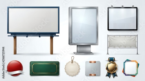 Versatile collection of blank billboards and vintage promotional tags with metallic frames for diverse advertising needs.