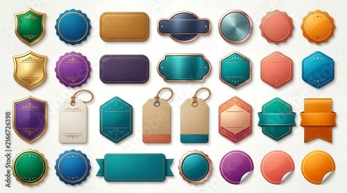 Assorted vintage style heraldic shields and elegant blank labels for product branding and tags.