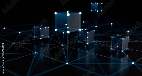 Futuristic network connection showing distributed ledger technology with data blocks connected by a digital grid representing the concept of blockchain, cryptocurrency, and secure data transfer