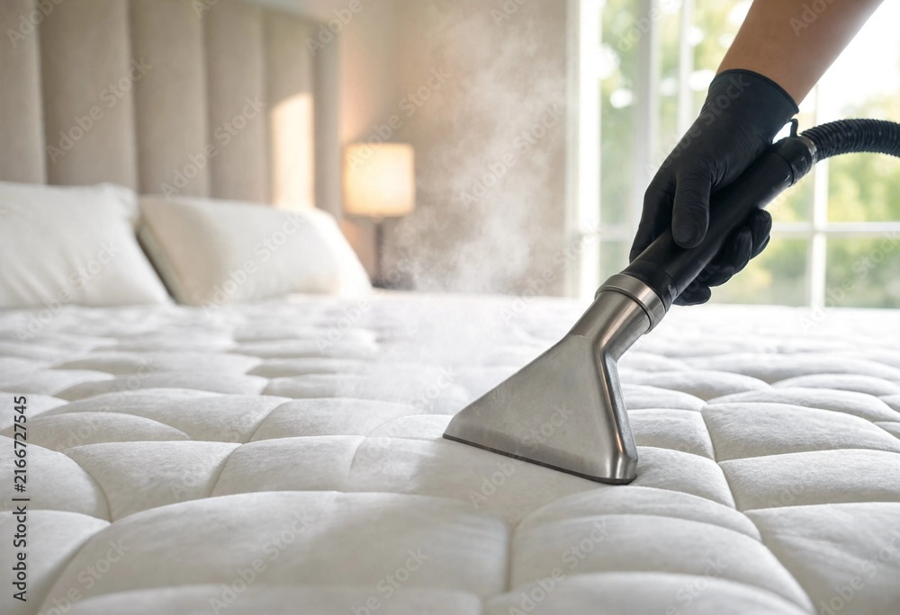 Fototapeta premium Professional cleaner steam sanitizes a white quilted mattress in a bright modern bedroom, emphasizing hygiene, deep cleaning, freshness, comfort, and household wellness.