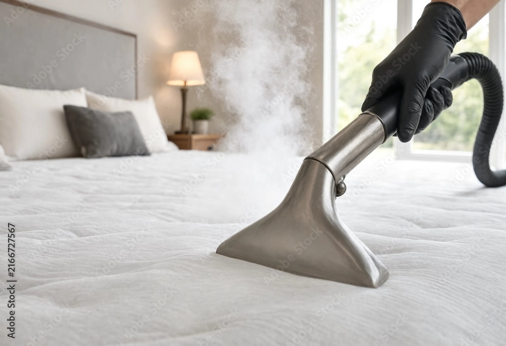 Fototapeta premium Professional cleaner steam sanitizes a white quilted mattress in a bright modern bedroom, emphasizing hygiene, deep cleaning, freshness, comfort, and household wellness.