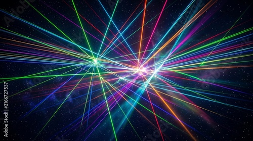Radiant energy burst with neon light rays and geometric patterns background