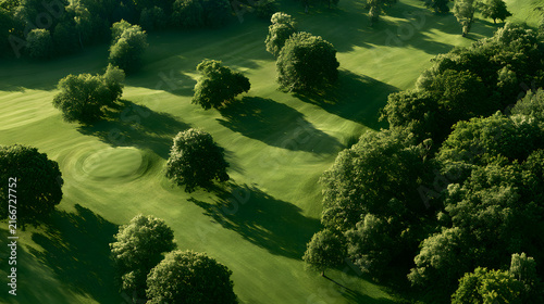 Aerial view of a lush green golf course with trees casting long shadows on the fairway.