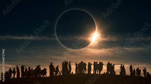 A crowd of silhouettes watches a stunning solar eclipse, with the sun glowing around the moon, creating a magical atmosphere.