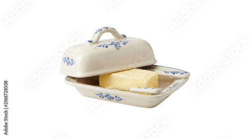 Vintage floral ceramic butter dish with knife isolated on transparent background for luxury kitchen dining decor