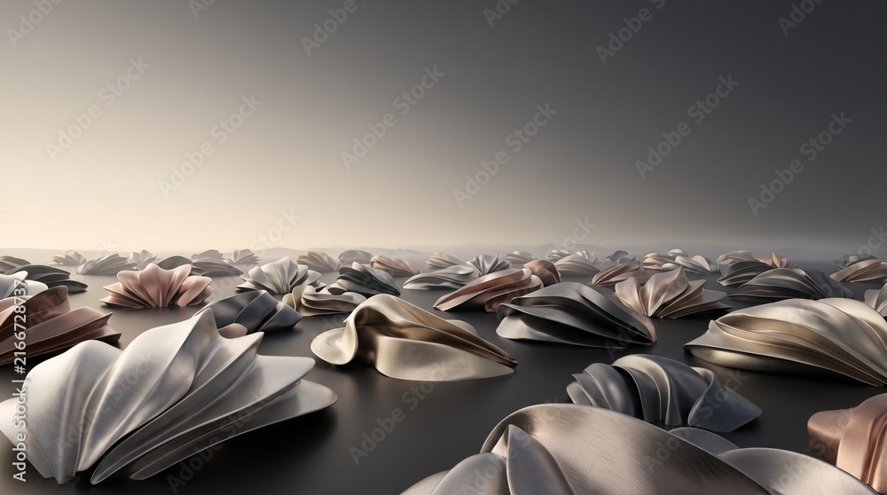 Obraz premium Array of Metallic Shell- Like Forms on Dark Surface abstract organic