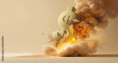 Conceptual 3D illustration of a large golden dollar sign rising out of thick exploding clouds of dust and smoke, symbolizing rapid financial market expansion and high inflation.