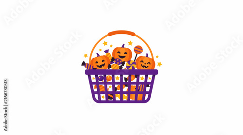 Shopping basket full of Halloween pumpkins and candies vector illustration isolated on white background for Halloween sale concept