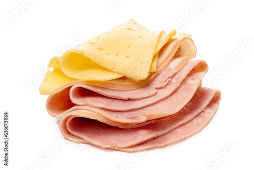 Stacked sliced ham and cheese on white background close-up, with ham, cheese, slice, deli detail, showing meat, coldcut, lunch, sandwich context, with clear visible detail
