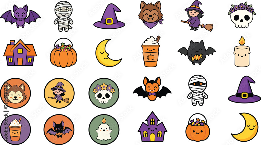 Fototapeta premium Kawaii Halloween icon set with 24 vector elements. Cute spooky characters, purple and orange cartoon stickers, festive holiday graphics.