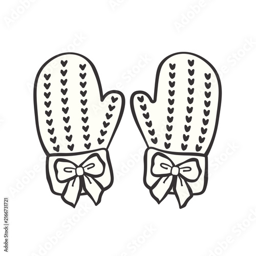 Cute knitted winter mittens decorated with small heart pattern and elegant ribbon bows on cuffs, drawn in minimal doodle illustration style, perfect for cozy cold‑season themes, isolated on white back