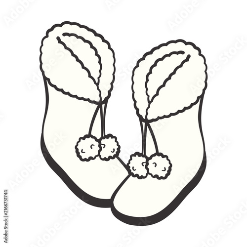Cozy winter boots with fluffy cuffs, soft rounded shape and hanging pom‑pom ties, drawn in minimal doodle illustration style, perfect for cold‑season themes, isolated on white background.
