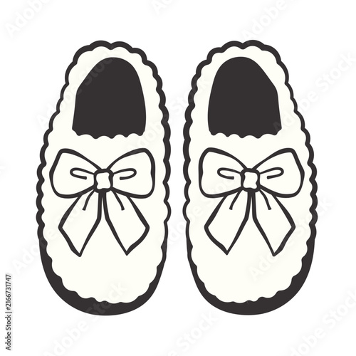 Cozy indoor slippers with scalloped edges and large decorative bows, drawn in clean minimal doodle illustration style, perfect for comfort and homewear design themes, isolated on white background.