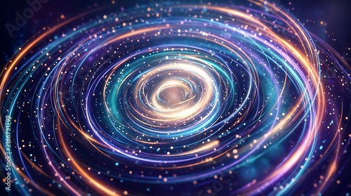 Spiral galaxy with bright core and colorful nebulae, cosmic dust clouds background