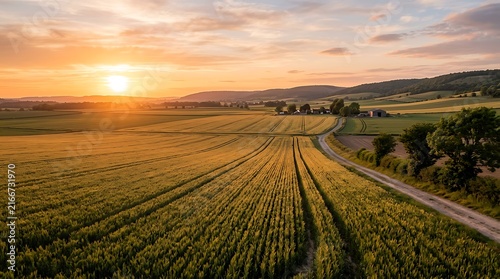 Sunrise over rural road with grazing sheep, golden fields, and distant hills background