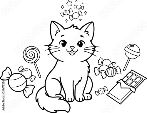 Bild auf Leinwand A charming black and white coloring page illustration featuring an adorable fluffy kitten surrounded by various delicious candies, lollipops, and a chocolate bar treat