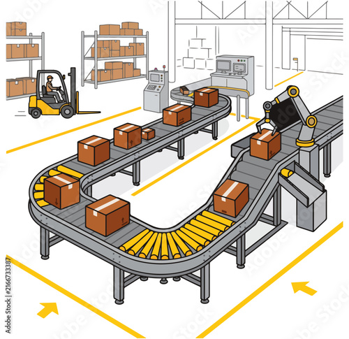Conveyor belt vector illustration with boxes in warehouse automation, conveyor belt, automation, warehouse, boxes, moving boxes, automated system, logistics, supply chain, machinery, industrial, 