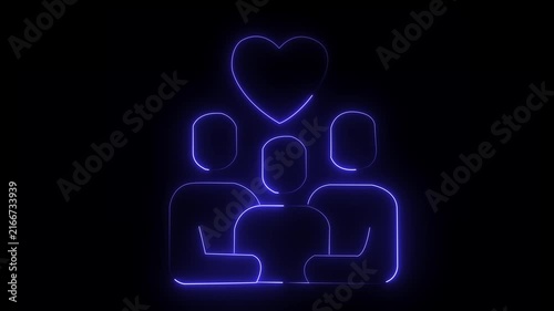 Blue neon heart with three silhouettes