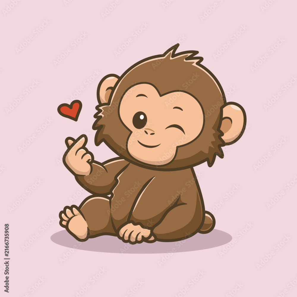 Fototapeta premium Playful Barbary macaque monkey winking and making a cute finger heart gesture.