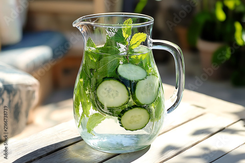 Glass Pitcher of Refreshing Detox Water with Fresh Cucumber and Mint