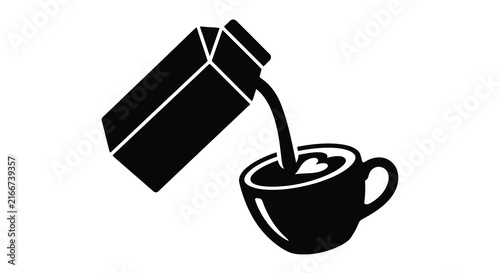 Milk carton pouring into a coffee cup black silhouette on white