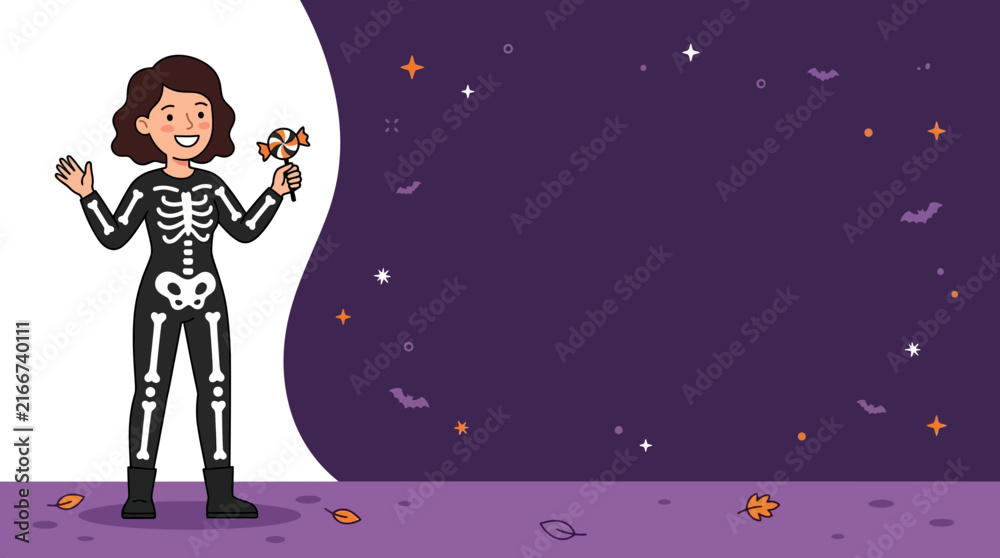 Naklejka premium Smiling young girl in skeleton costume holding candy on purple Halloween night background