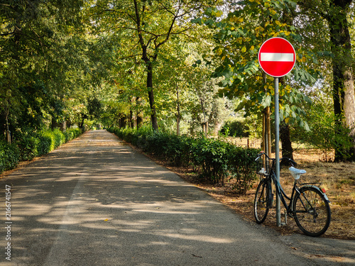Foto A bicycle is parked against a metal post topped with a red no entry traffic sign on the side of a peaceful, tree-lined path in a park on a bright sunny day