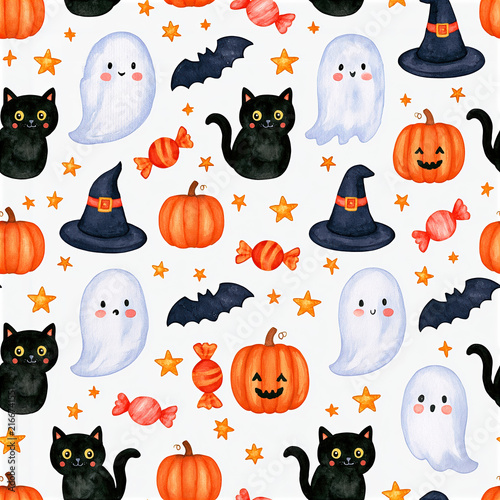 Playful Hand Painted Halloween Pattern, Cute Ghost Pumpkin Witch Cat Moon Seamless Design, Spooky Autumn Watercolor Background, Festive Trick or Treat Decoration Wrapping Paper Fabric Print