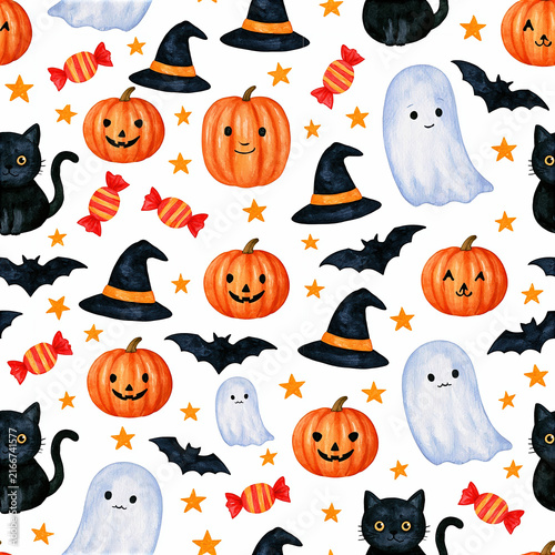 Playful Hand Painted Halloween Pattern, Cute Ghost Pumpkin Witch Cat Moon Seamless Design, Spooky Autumn Watercolor Background, Festive Trick or Treat Decoration Wrapping Paper Fabric Print