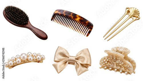 Collection of hair accessories including a wooden hairbrush, tortoiseshell comb, gold hair fork, pearl-embellished barrette, satin bow, and beige tortoiseshell claw clip on a transparent background