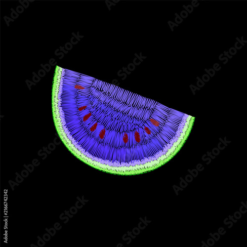 Purple blue watermelon slice embroidery design. Summer fruit needlework stitch style vector art. Fashion clothing patches stickers print. Black background hand-stitched vector illustration.