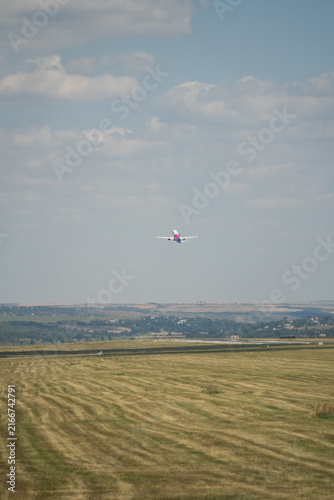 Canvas Print Passenger airplane flies in cloudy sky above green fields and horizon