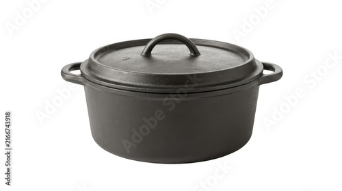 Heavy black cast iron dutch oven with lid isolated on transparent background for kitchenware and cooking branding