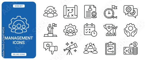 Set of management and business icons, including team, strategy, planning, goal, and leadership symbols in a clean line art style