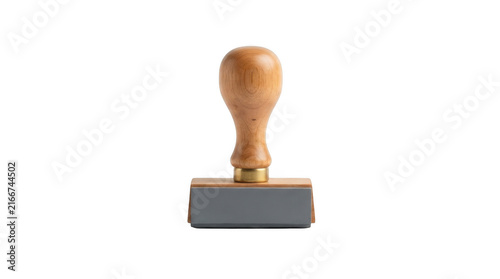 Traditional wooden office stamp with brass handle isolated on transparent background for document verification