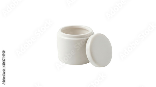 Small white ceramic jar with lid isolated on transparent background for kitchen storage and minimalist home decor