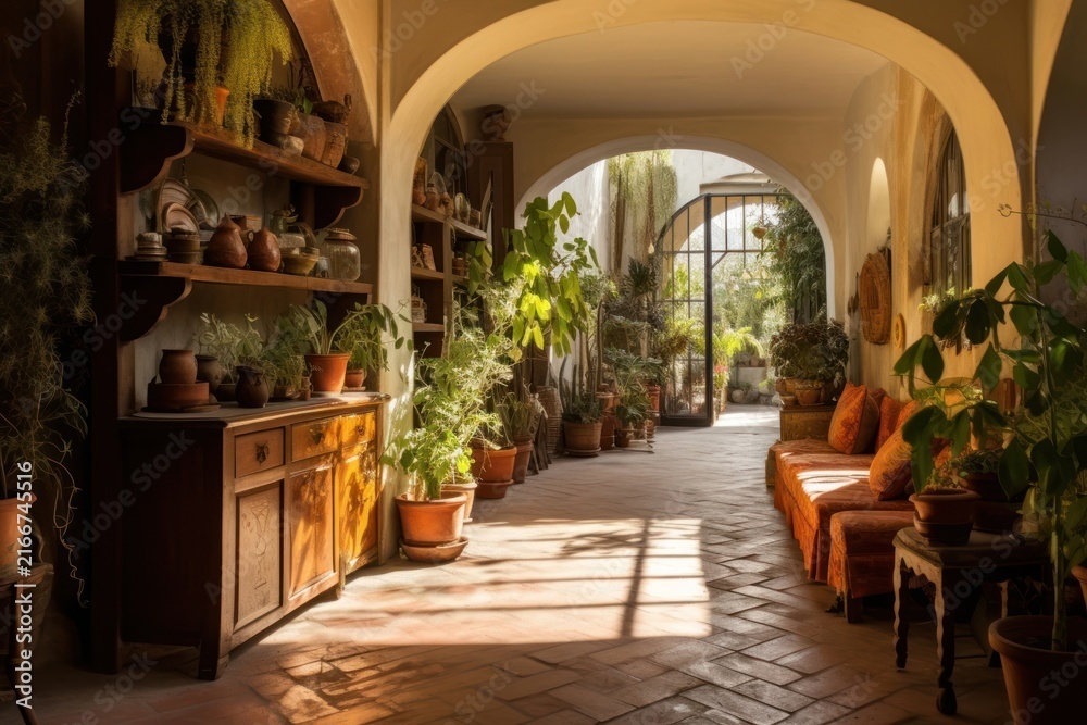 Fototapeta premium Arched hallway building plant architecture.