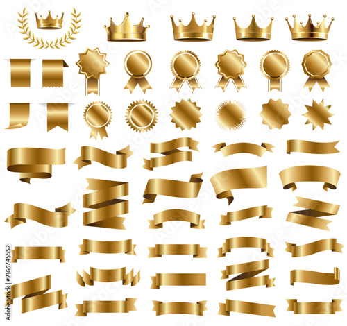 Golden Ribbons With Crown Set Isolated White Background