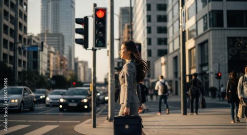 Businesswoman Crossing Street With Briefcase Amid City Traffic