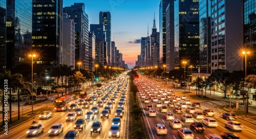 Bustling City Boulevard Highway Trafficjam At Dusk With Skyline Illuminated Buildings