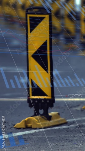 Animation of statistics and data processing over man using computer and city street