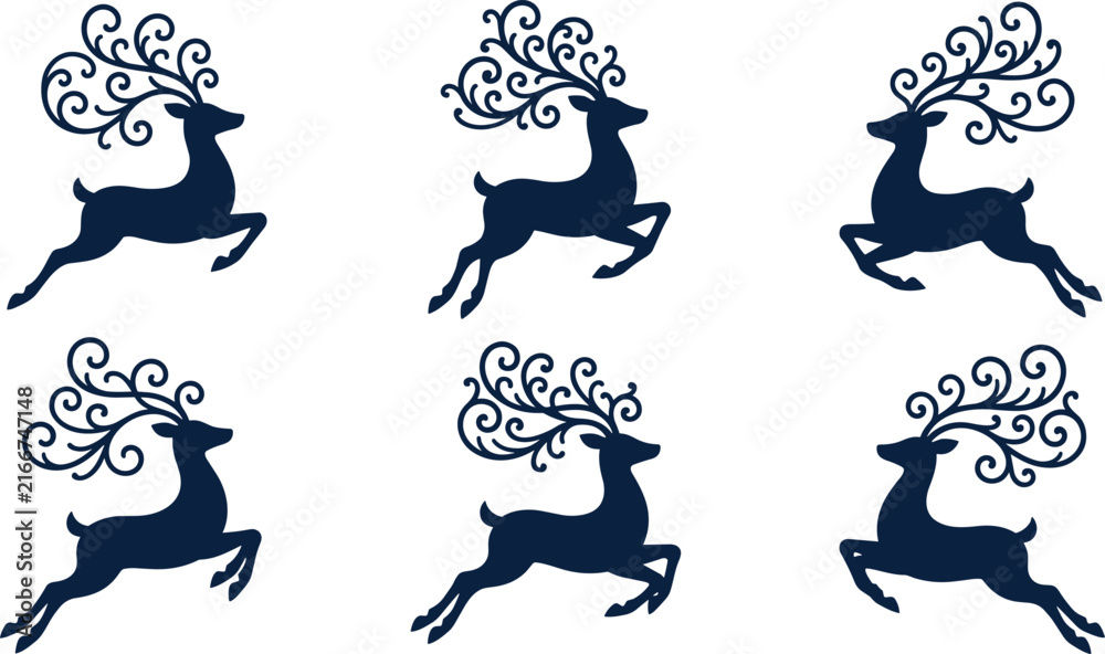 Obraz premium Elegant jumping deer vector collection with decorative ornamental antler swirls for Christmas holiday craft and laser cutting