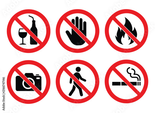 Prohibited icon set featuring no smoking, eating, drinks, touching, fire and photography symbols for safety warning signage.