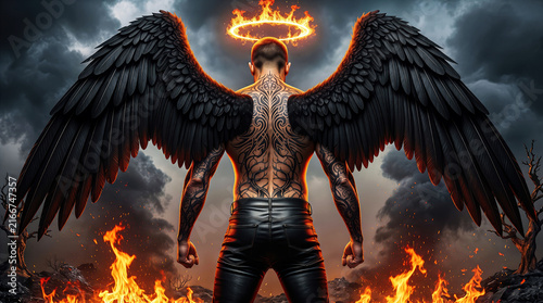 Rear view of muscular shirtless man with back tattoo, black wings, and flaming halo in fire. Concept of fallen angel rebellion, underworld fantasy power, and strength.