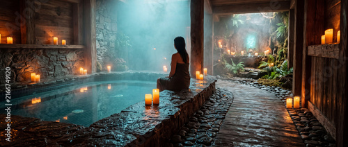 Serene Woman Meditating Beside a Glowing Natural Hot Spring Pool Surrounded by Warm Candlelight and Lush Tropical Foliage in a Luxury Spa