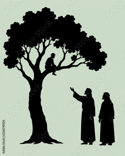 Biblical Stories in Silhouette — Zacchaeus Sitting in a Sycamore Tree as Jesus Looks Up at Him on a Pale Jade Background