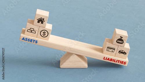 Wooden Seesaw Balancing Financial Assets and Liabilities Heavy Concept