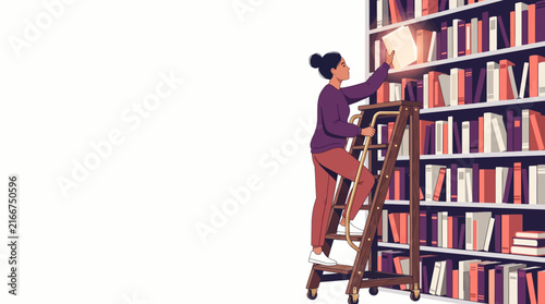 Woman on ladder taking glowing book from library bookshelf vector illustration with copy space for education and knowledge concept