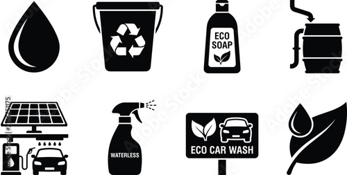 Bild auf Leinwand Eco-friendly car wash and sustainability vector icon set with water droplet, recycling bucket, eco soap bottle, rainwater barrel, solar panel system, waterless spray, eco car wash sign
